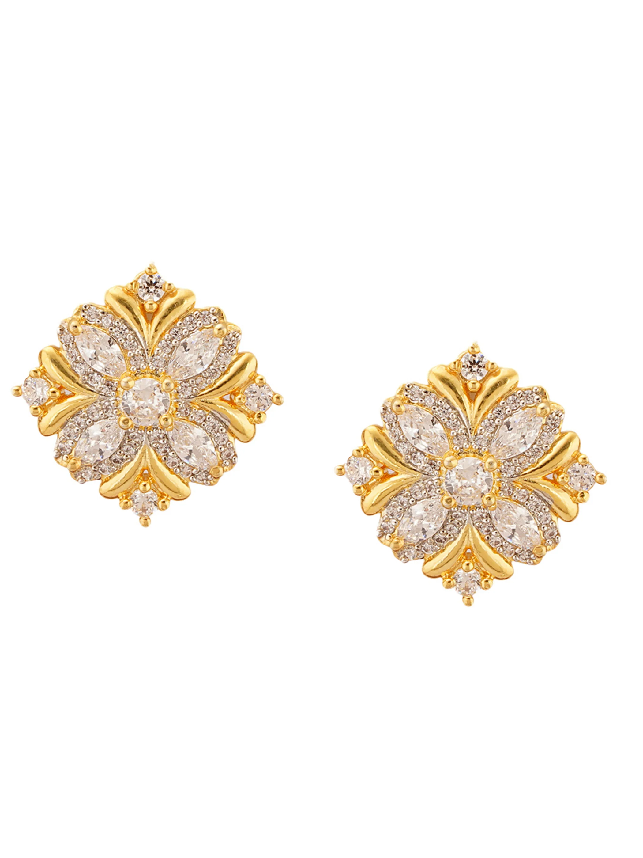 Shimmering Floret American Diamond CZ Gold Plated Silver Brass Stud Earrings - Image 7