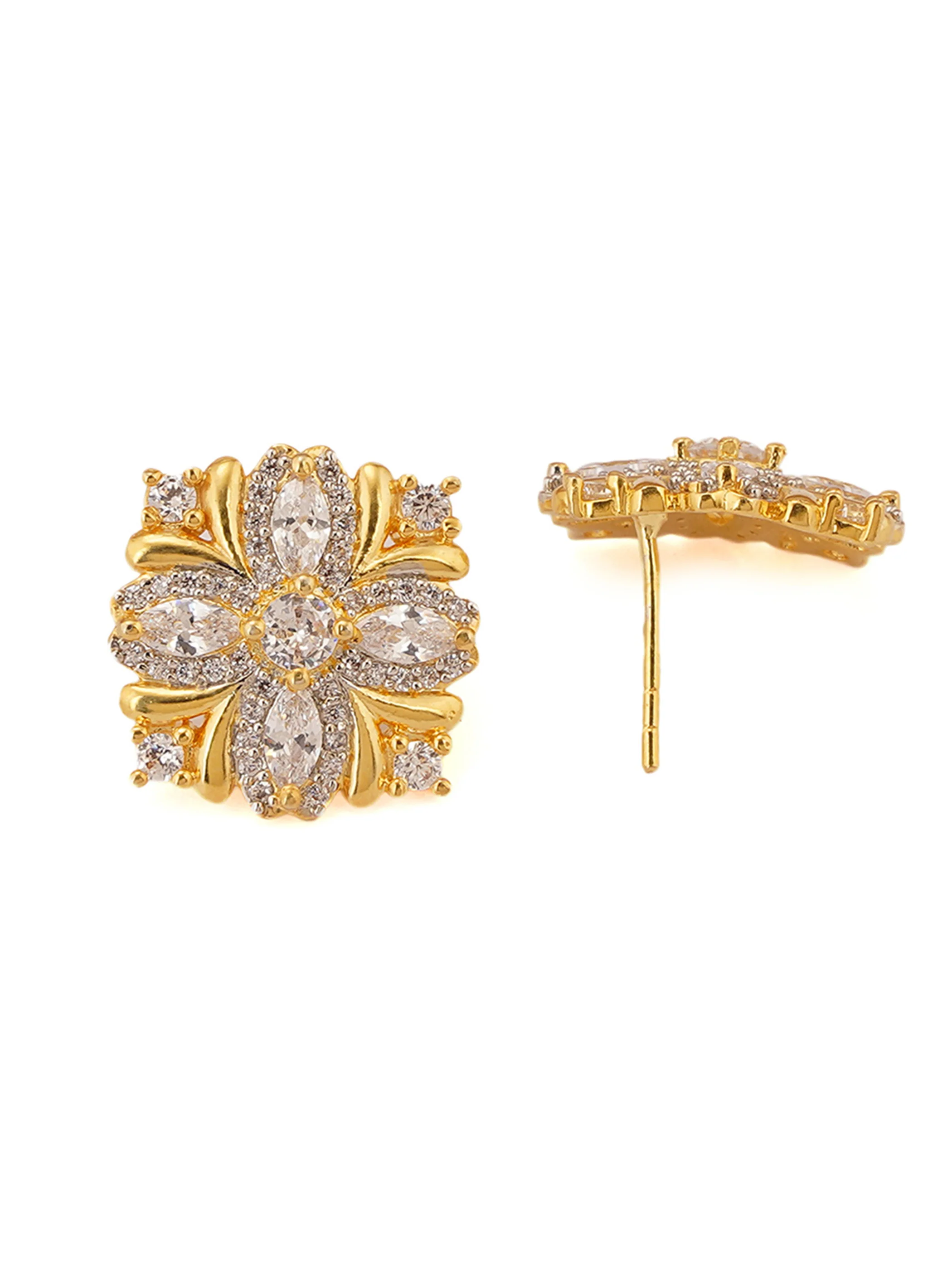 Shimmering Floret American Diamond CZ Gold Plated Silver Brass Stud Earrings - Image 8