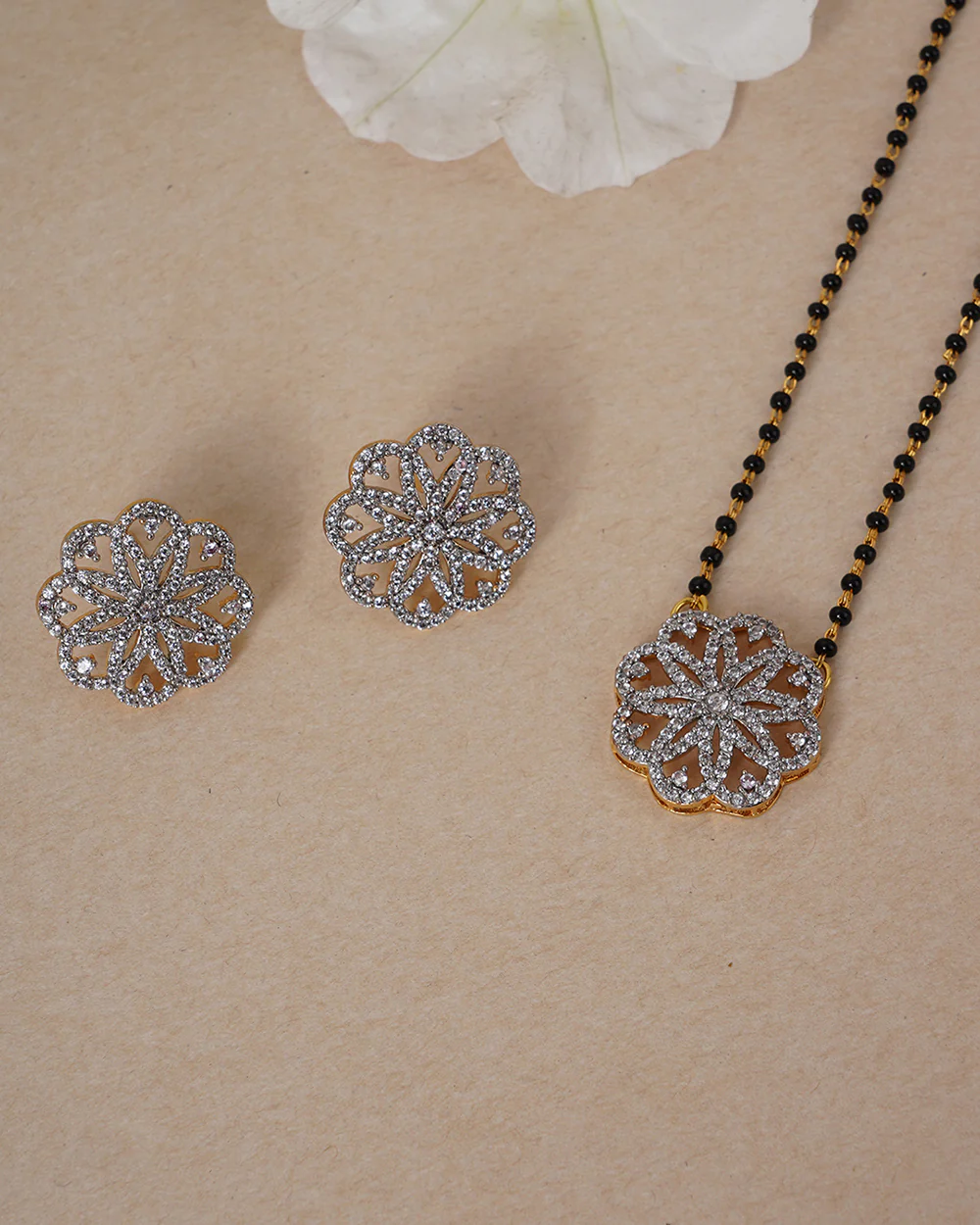 CZ Mangalsutra & Bracelet Gold Plated With Silver Earrings