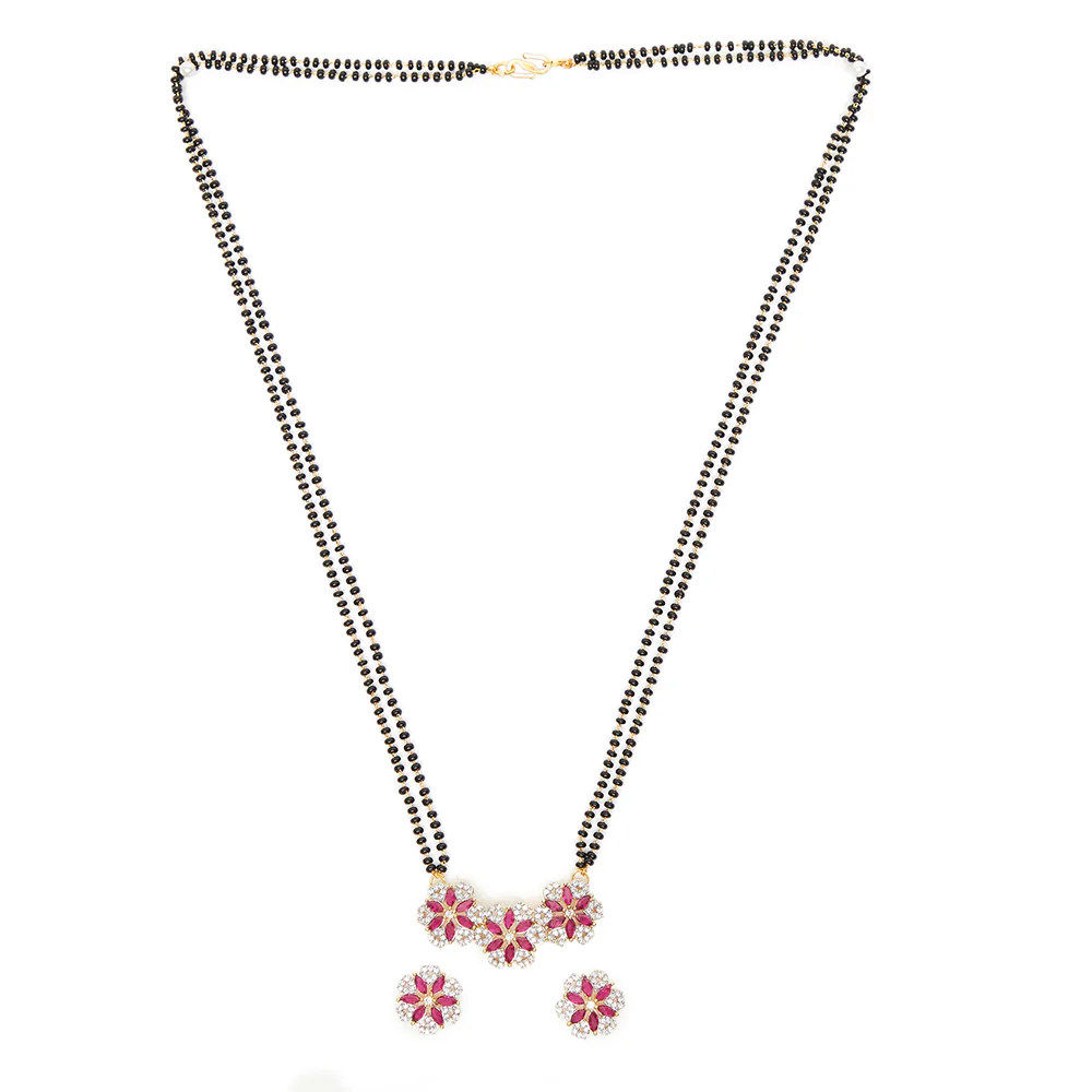 Shimmering Floret American Diamond CZ Gold Plated Brass Black Beaded Mangalsutra with Earrings - Image 2