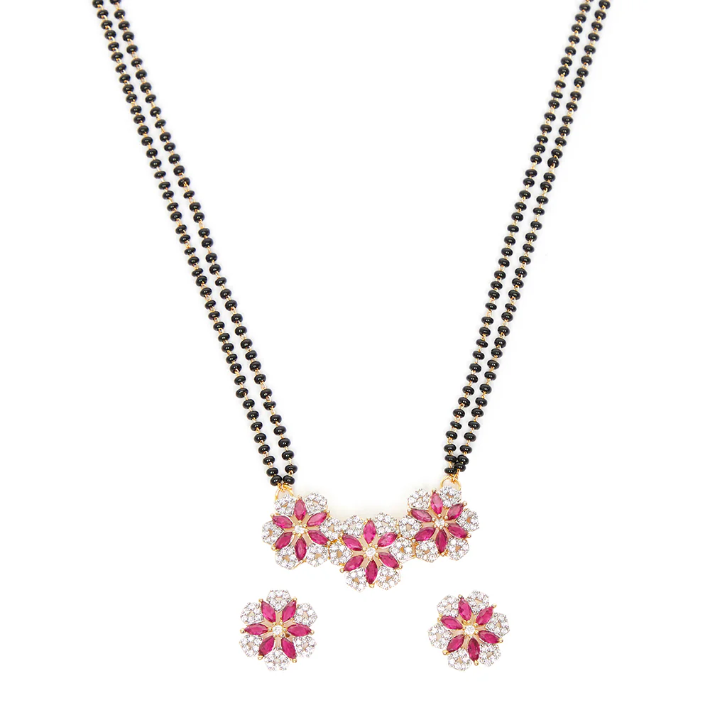 Shimmering Floret American Diamond CZ Gold Plated Brass Black Beaded Mangalsutra with Earrings - Image 3