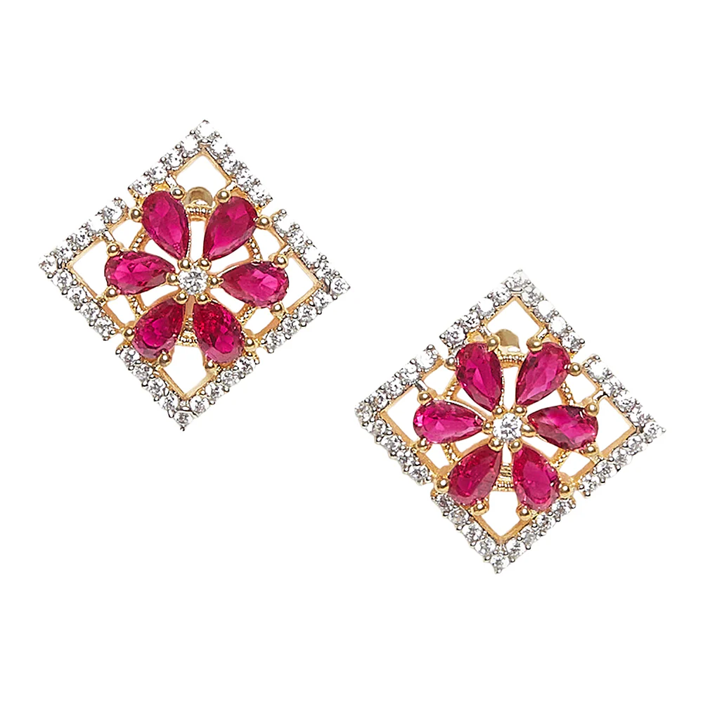 Shimmering Floret American Diamond CZ Gold Plated Brass Stud Earrings - Image 2