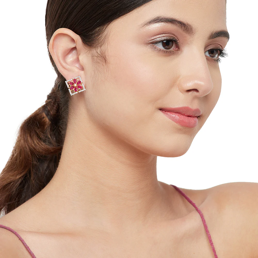 Shimmering Floret American Diamond CZ Gold Plated Brass Stud Earrings - Image 4