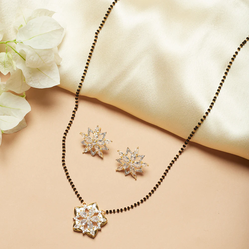 Shimmering Floret CZ Gold Plated Black Beaded Mangalsutra Set