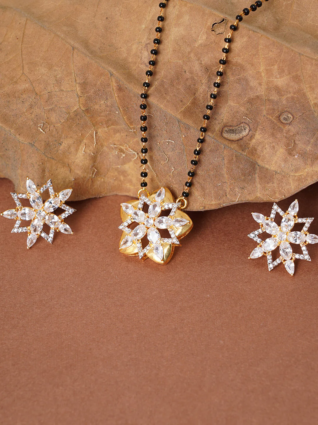 Shimmering Floret CZ Gold Plated Black Beaded Mangalsutra Set - Image 6