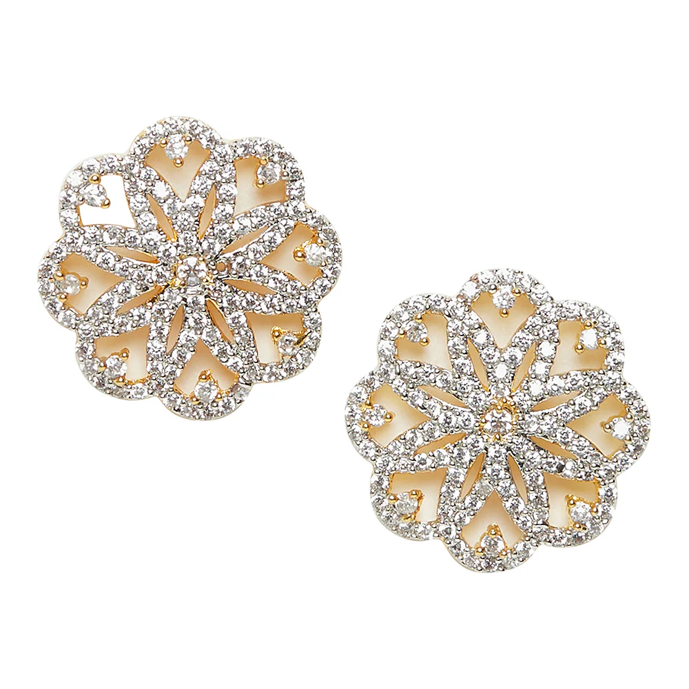 Shimmering Floret American Diamond CZ Golden Plated Silver Stud Earrings - Image 2