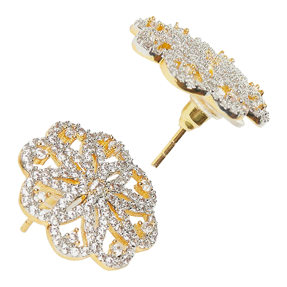 Shimmering Floret American Diamond CZ Golden Plated Silver Stud Earrings - Image 3
