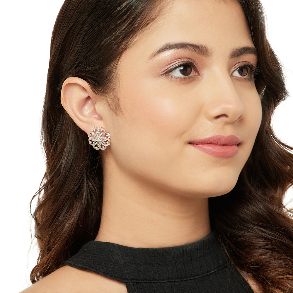 Shimmering Floret American Diamond CZ Golden Plated Silver Stud Earrings - Image 4