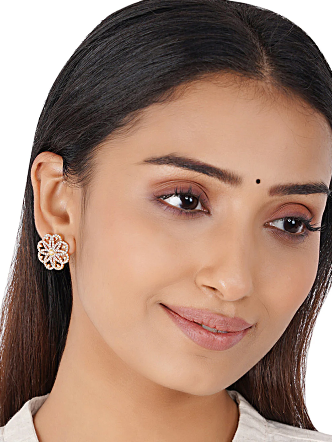 Shimmering Floret American Diamond CZ Golden Plated Silver Stud Earrings - Image 6