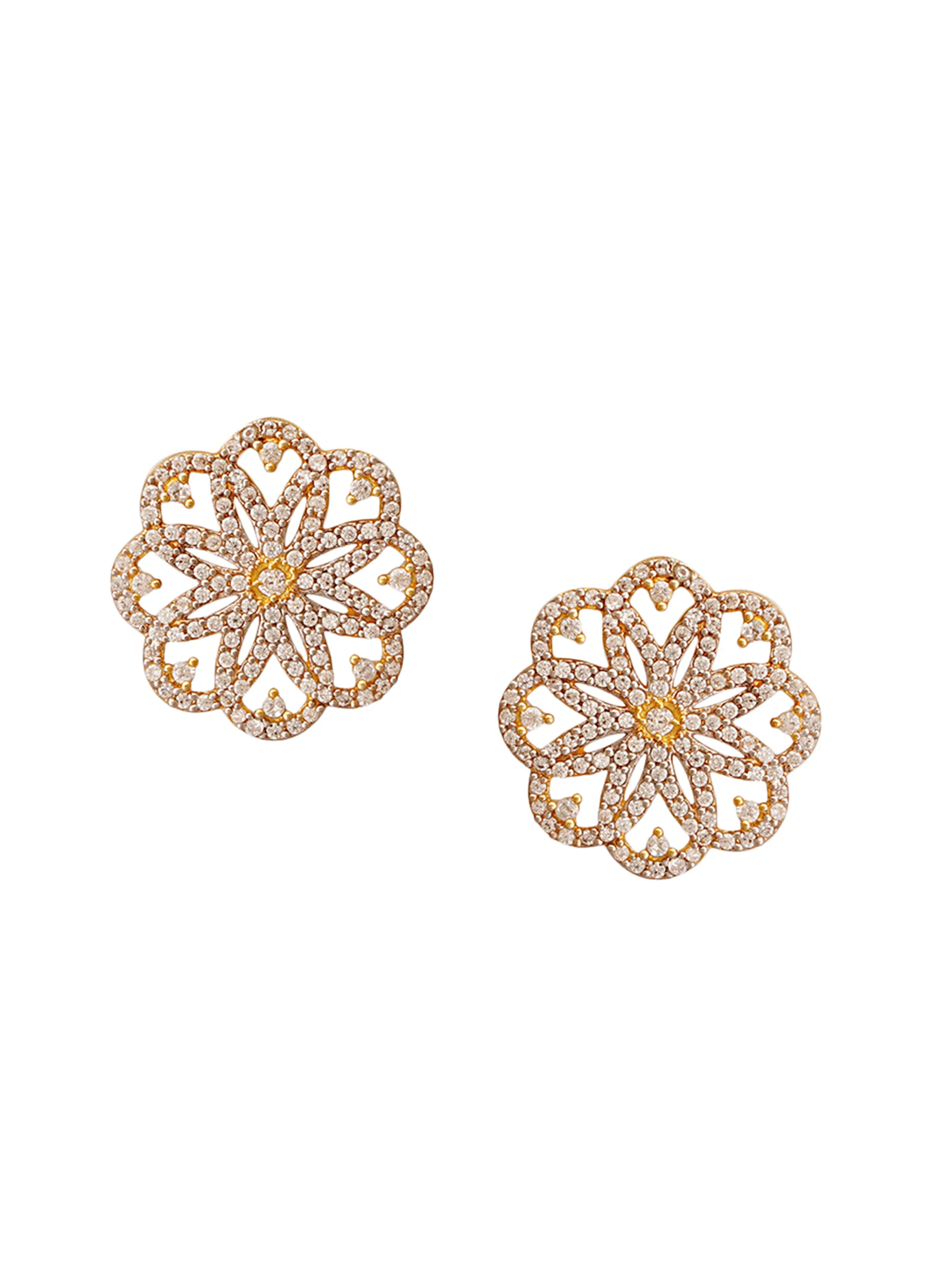 Shimmering Floret American Diamond CZ Golden Plated Silver Stud Earrings - Image 7