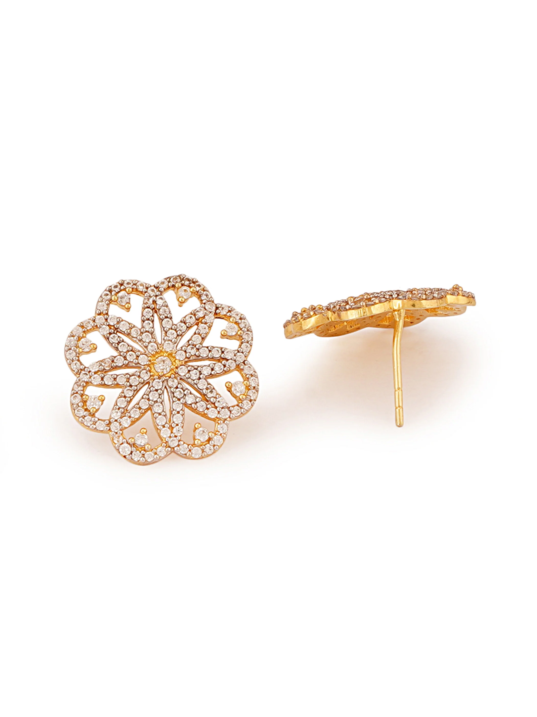 Shimmering Floret American Diamond CZ Golden Plated Silver Stud Earrings - Image 8