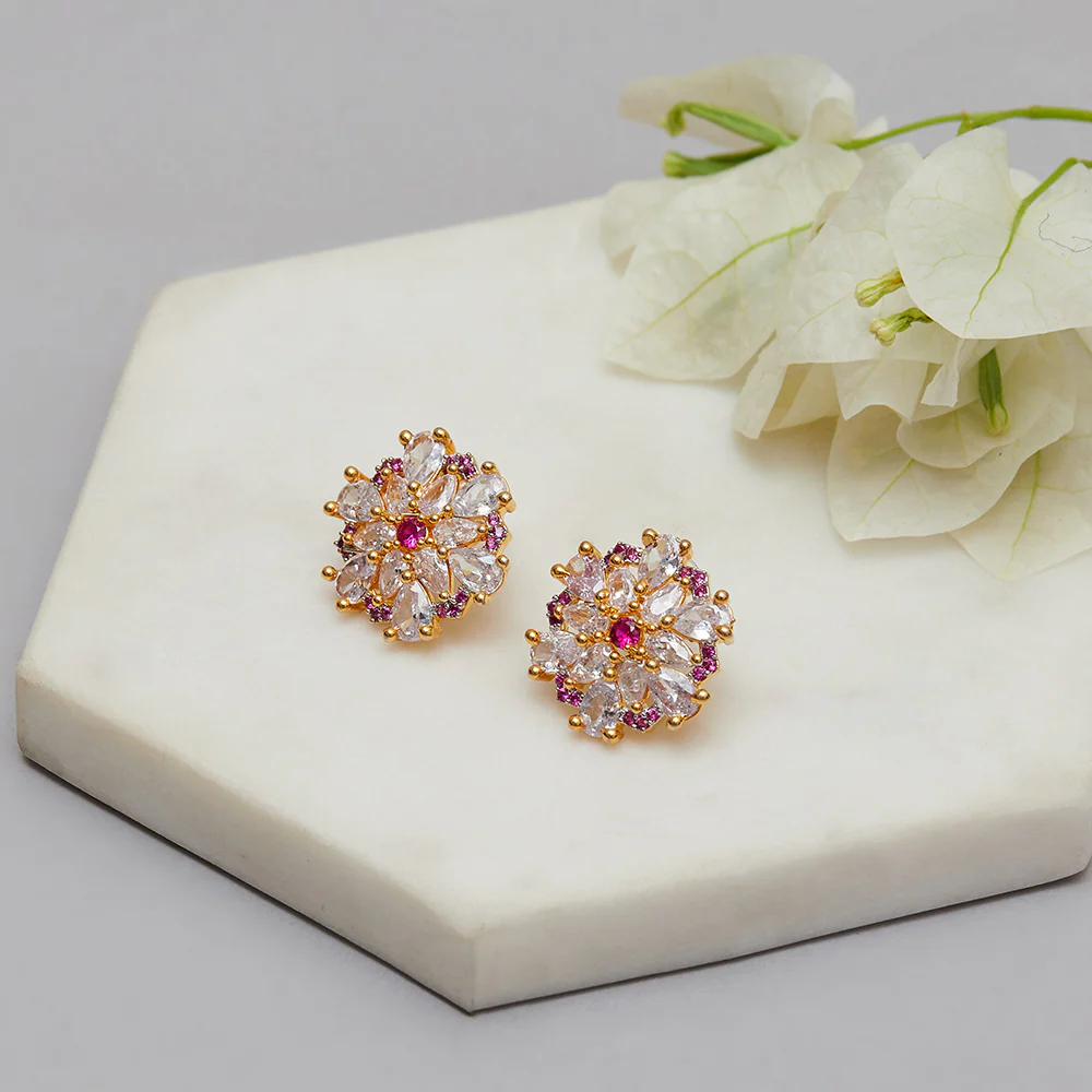 Shimmering Floret American Diamond CZ Gold Plated Brass Spiral Stud Earrings