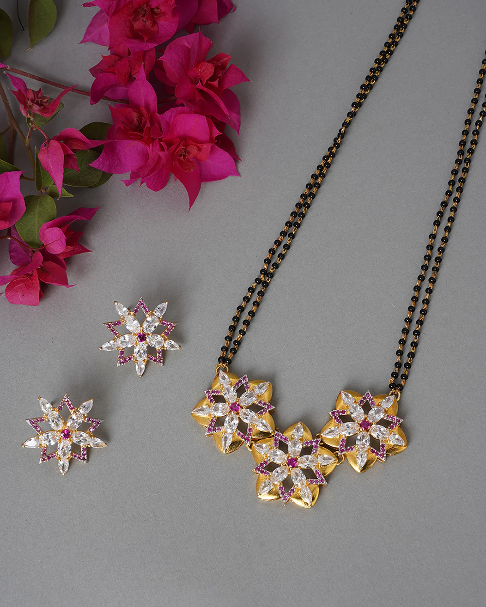 CZ Mangalsutra & Bracelet Three Gold Plated Flowers With Studded with American Diamonds