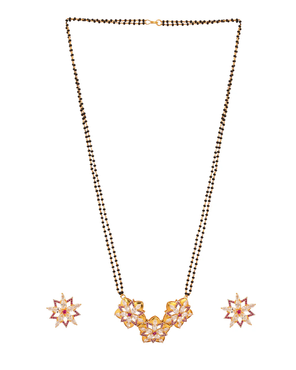 CZ Mangalsutra & Bracelet Three Gold Plated Flowers With Studded with American Diamonds - Image 3