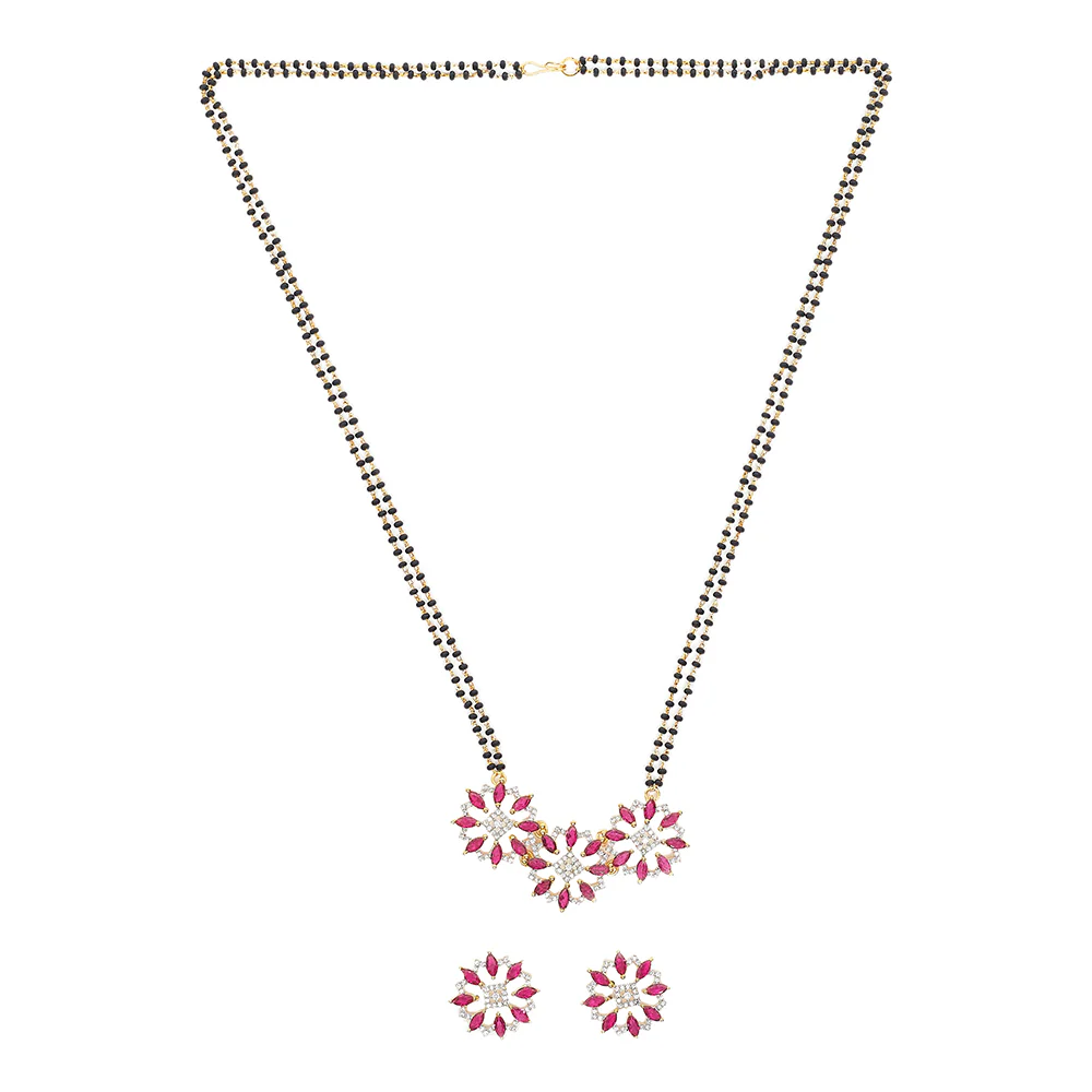 Shimmering Floret American Diamond CZ Gold Plated Brass Black Beaded Mangalsutra with and Red Studs - Image 2