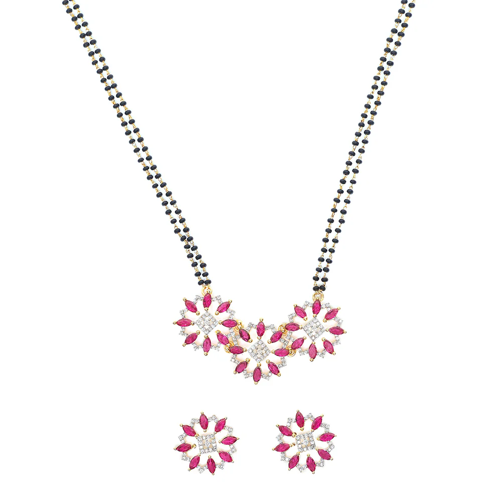 Shimmering Floret American Diamond CZ Gold Plated Brass Black Beaded Mangalsutra with and Red Studs - Image 3