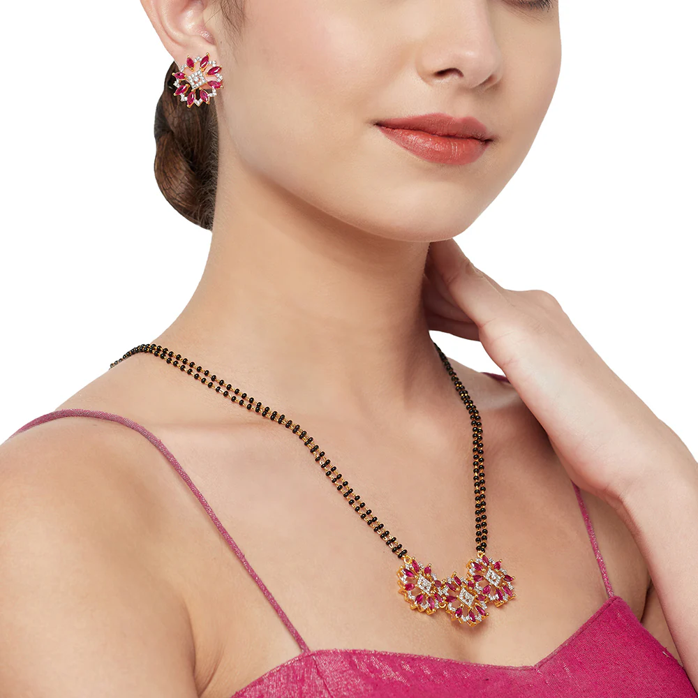 Shimmering Floret American Diamond CZ Gold Plated Brass Black Beaded Mangalsutra with and Red Studs - Image 5
