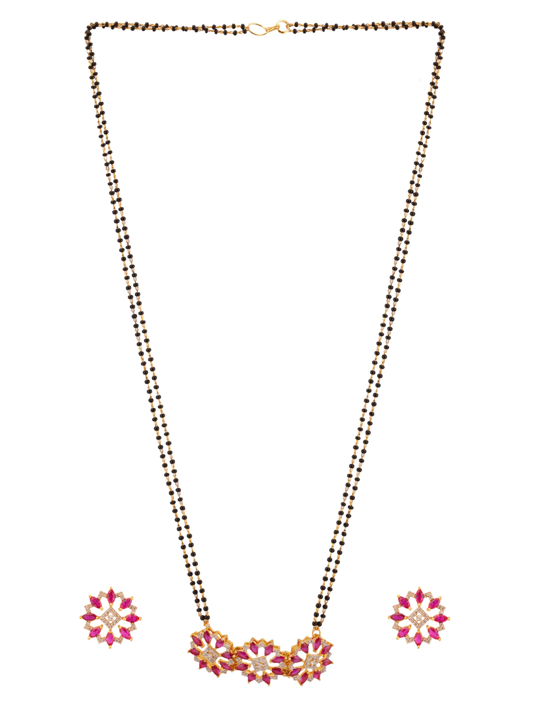Shimmering Floret American Diamond CZ Gold Plated Brass Black Beaded Mangalsutra with and Red Studs - Image 8