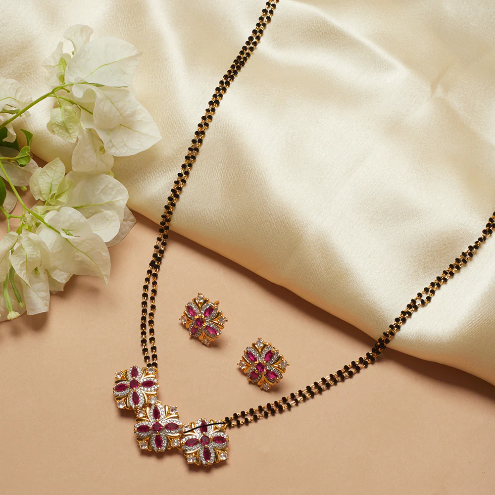 Shimmering Floret American Diamond CZ Gold Plated Brass Black Beaded Mangalsutra with Earrings