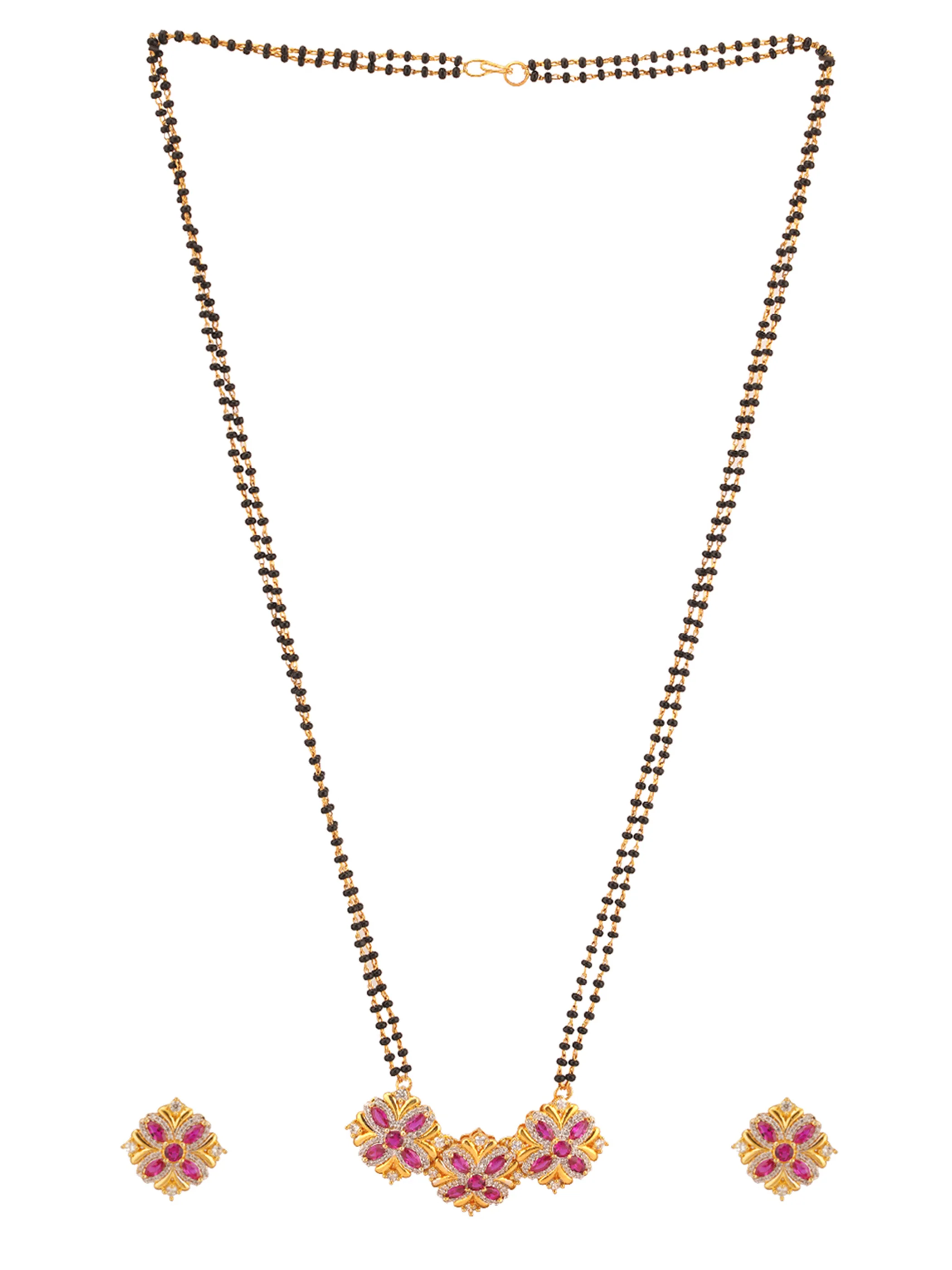 Shimmering Floret American Diamond CZ Gold Plated Brass Black Beaded Mangalsutra with Earrings - Image 8
