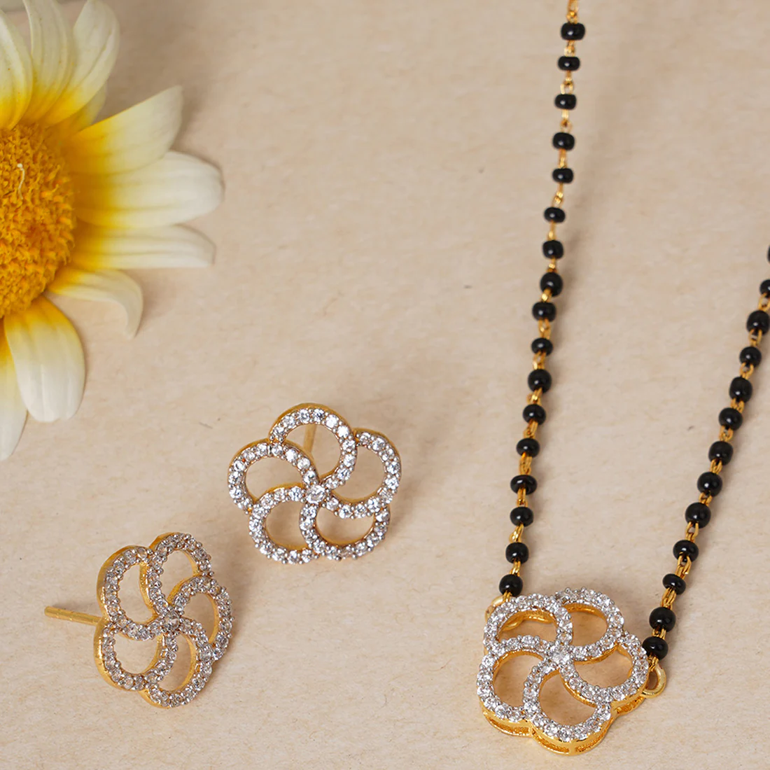 CZ Mangalsutra & Bracelet With Black Beads And Gold Plated Chain