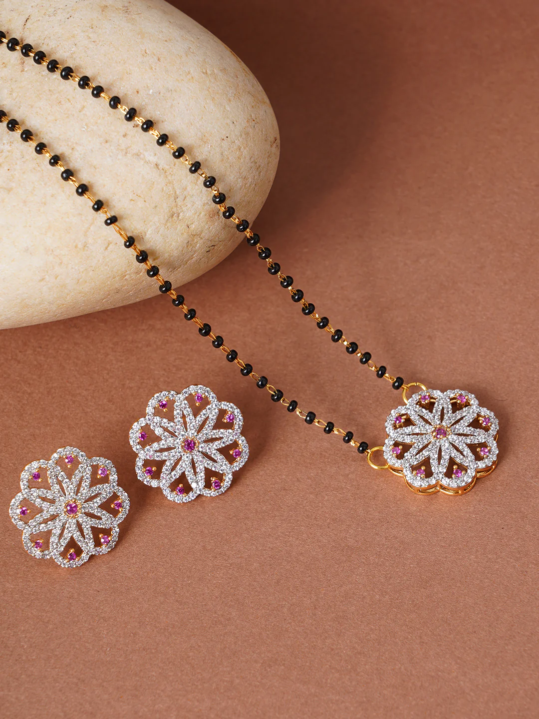 Shimmering Floret American Diamond CZ Gold Plated Floral Brass Black Beaded Mangalsutra with Earrings - Image 6
