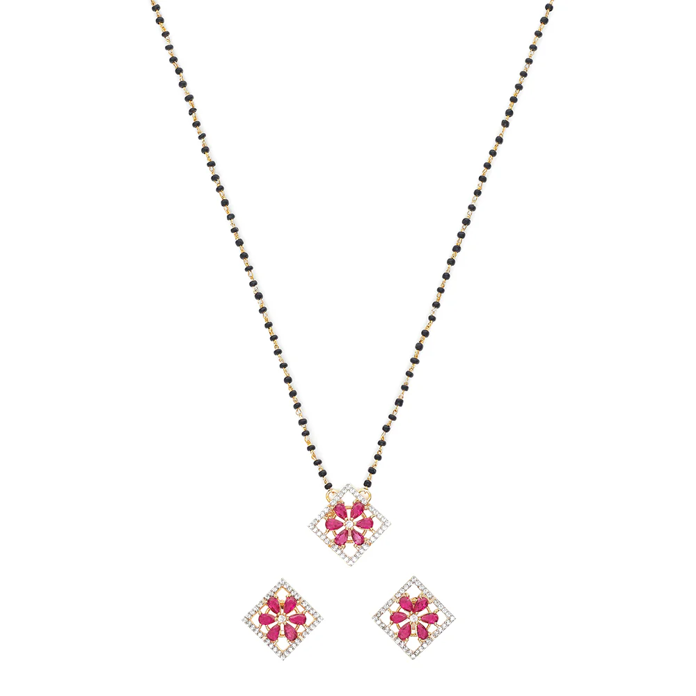 Shimmering Floret American Diamond CZ Gold Plated Brass Black Beaded Mangalsutra with Earrings - Image 3