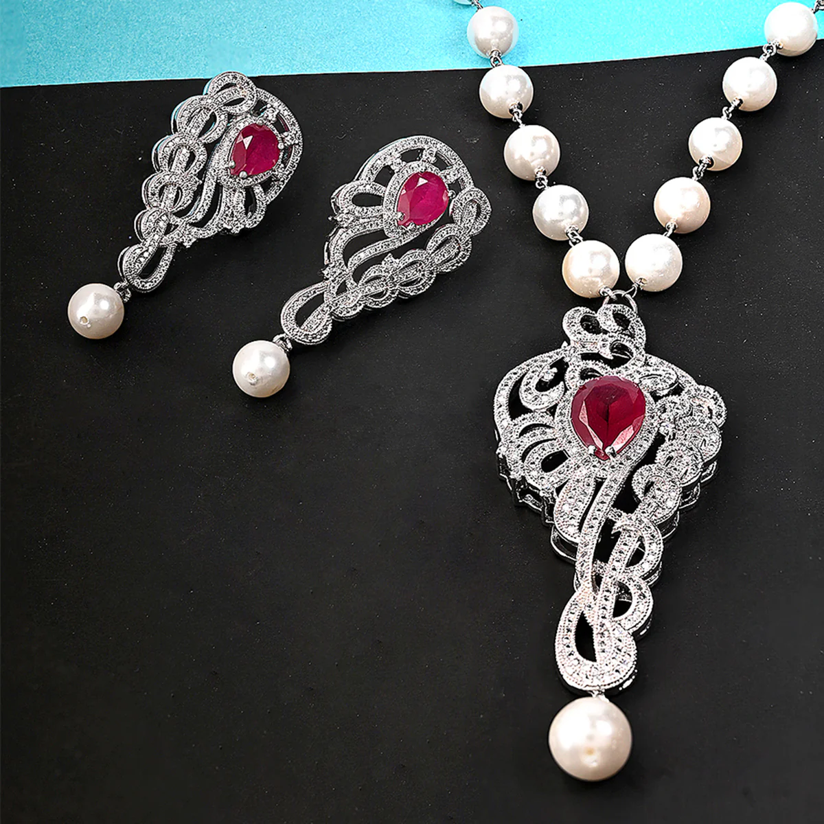 CZ Pearl Silver Plated Pendant Set