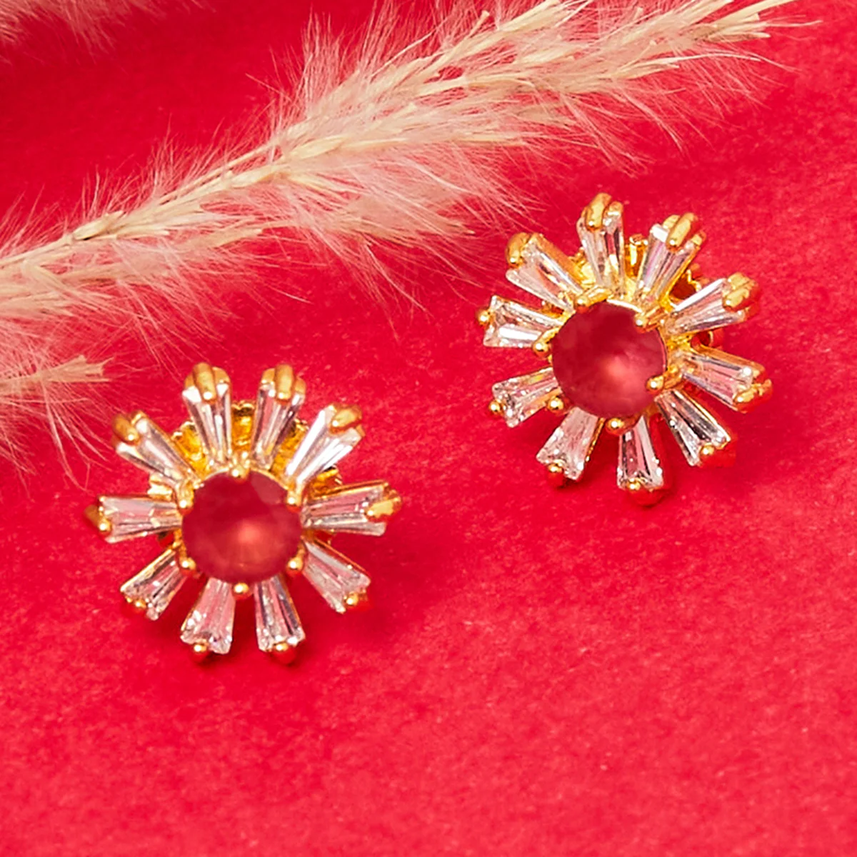 CZ Pink & White Gem Adorned Floral Stud Earrings