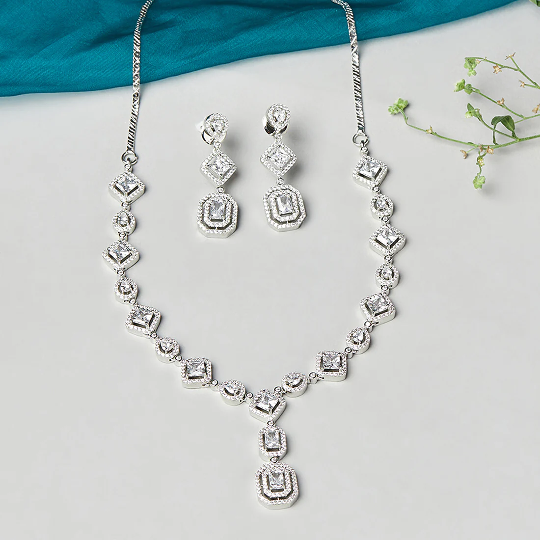 CZ Silver Plated Drop Gems Sparkling Elegance Necklace Set