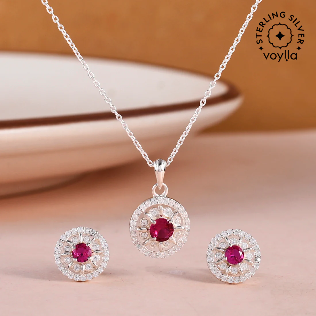 CZ Studded 925 Sterling Silver Pendant Set with Red Stone