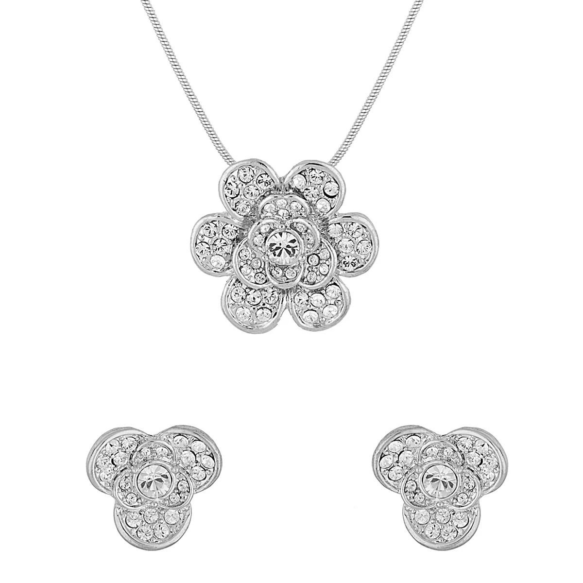 CZ Studded Floral Pendant Set With Chain