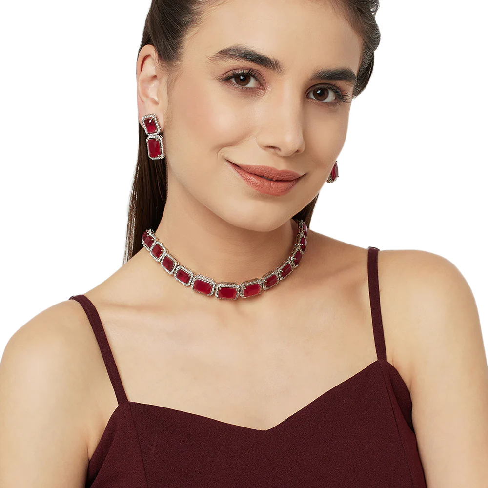 Cz Studded Rhodium Plated Necklace Set - Image 2