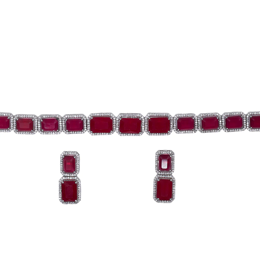 Cz Studded Rhodium Plated Necklace Set - Image 4