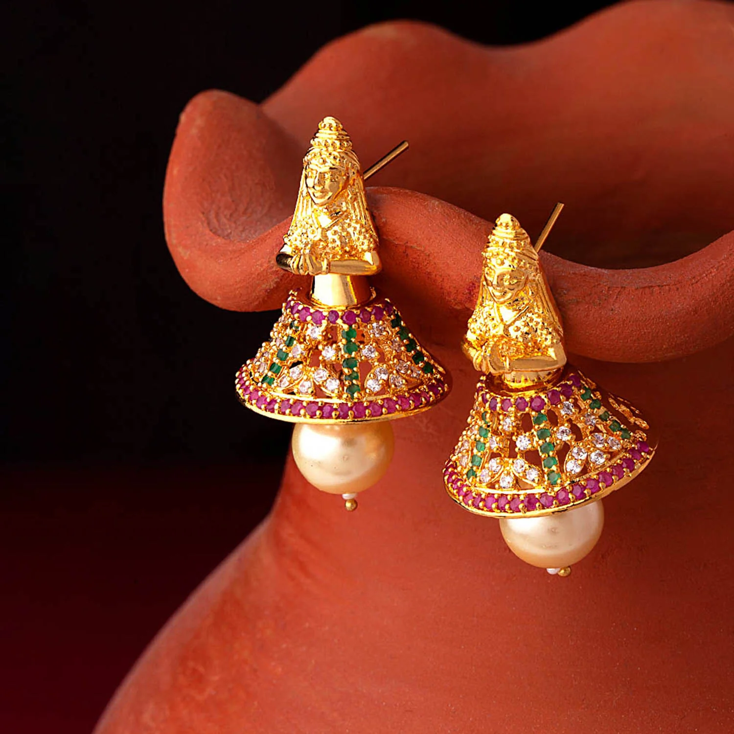CZ Temple Inspired Faux Pearl Earrings