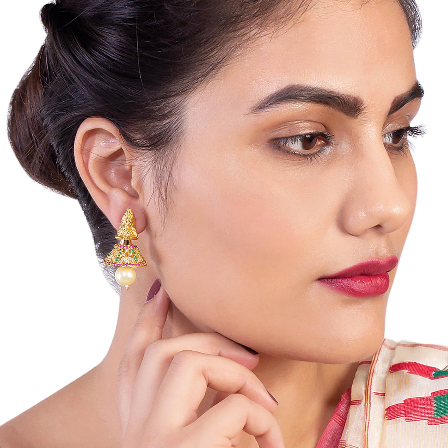 CZ Temple Inspired Faux Pearl Earrings - Image 2