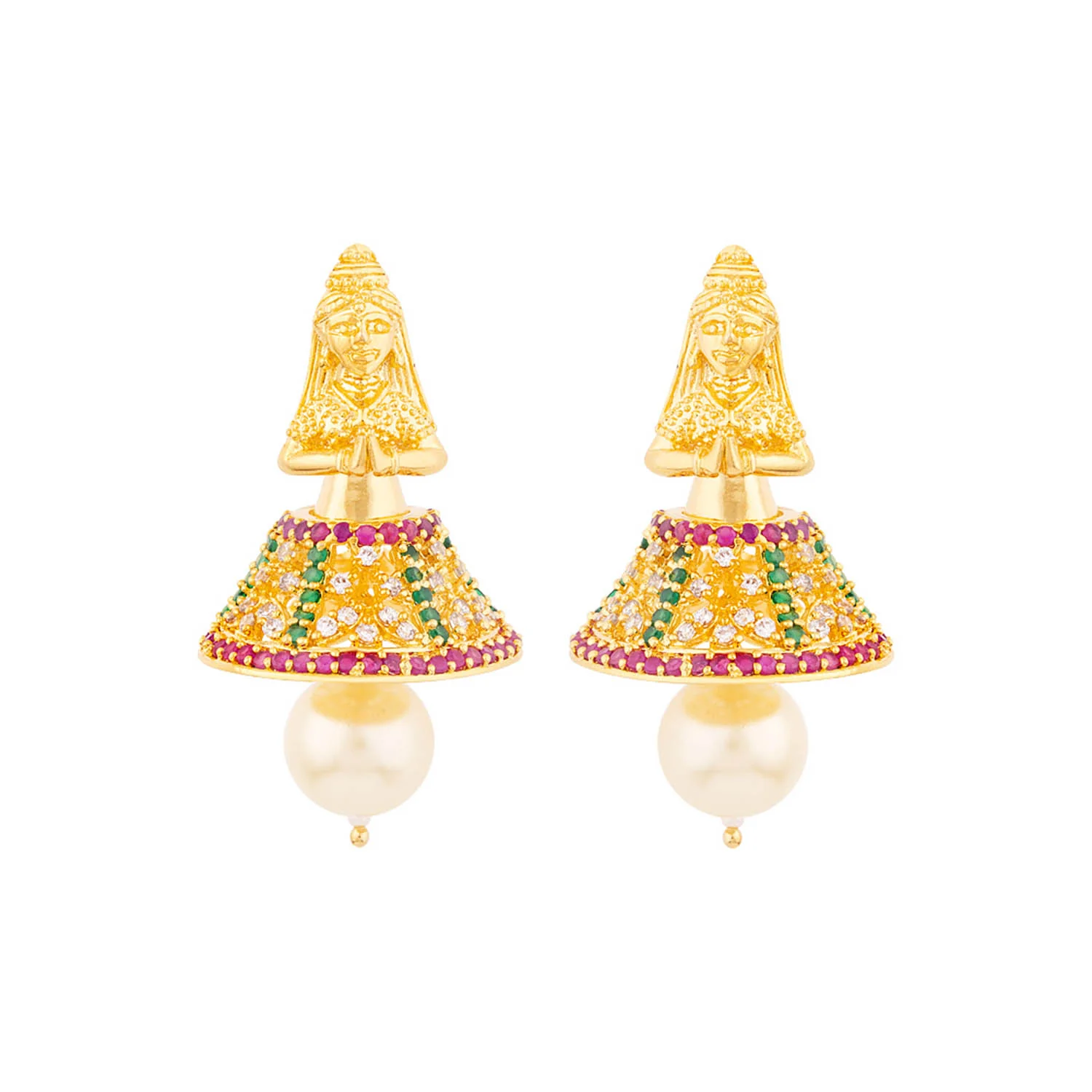CZ Temple Inspired Faux Pearl Earrings - Image 3