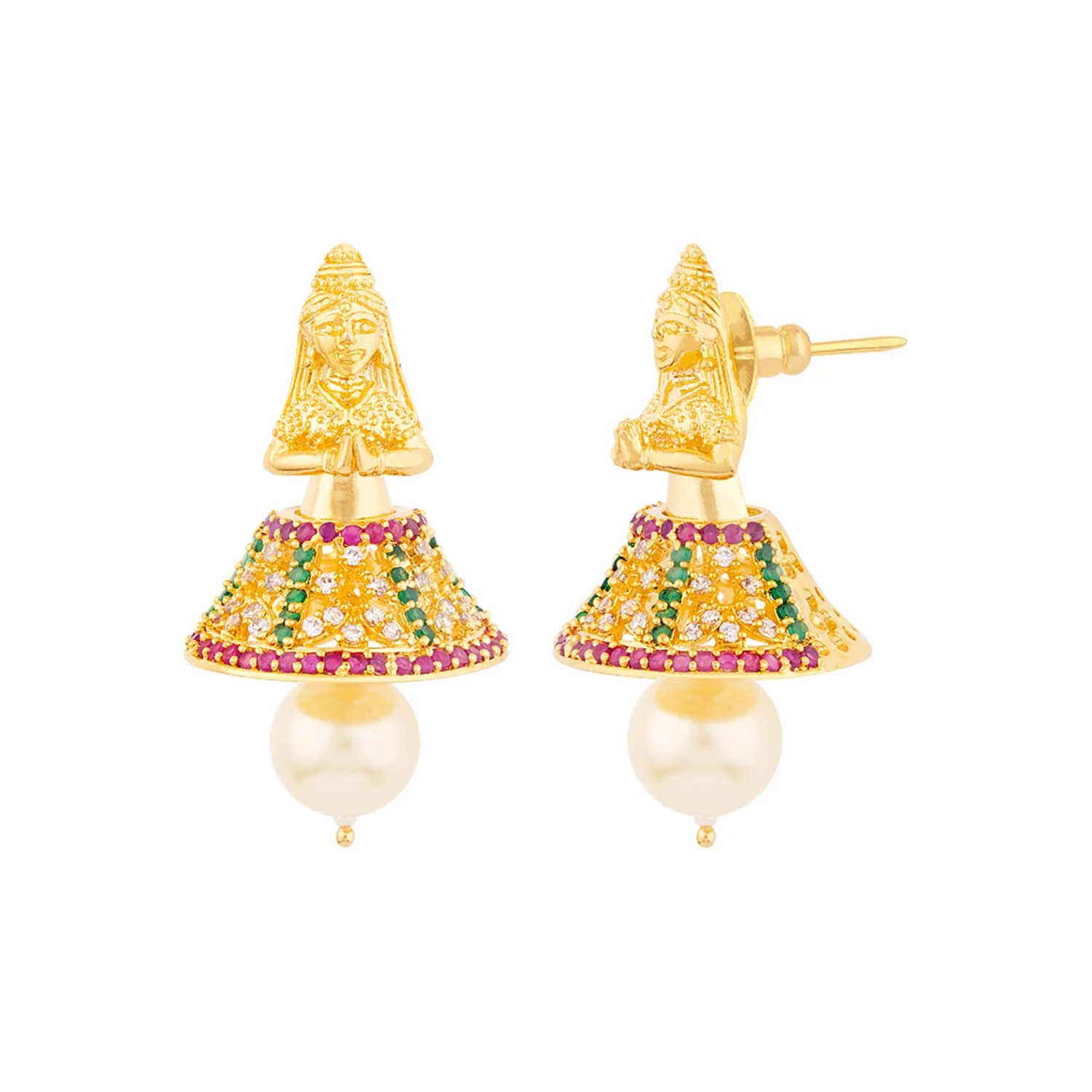 CZ Temple Inspired Faux Pearl Earrings - Image 4