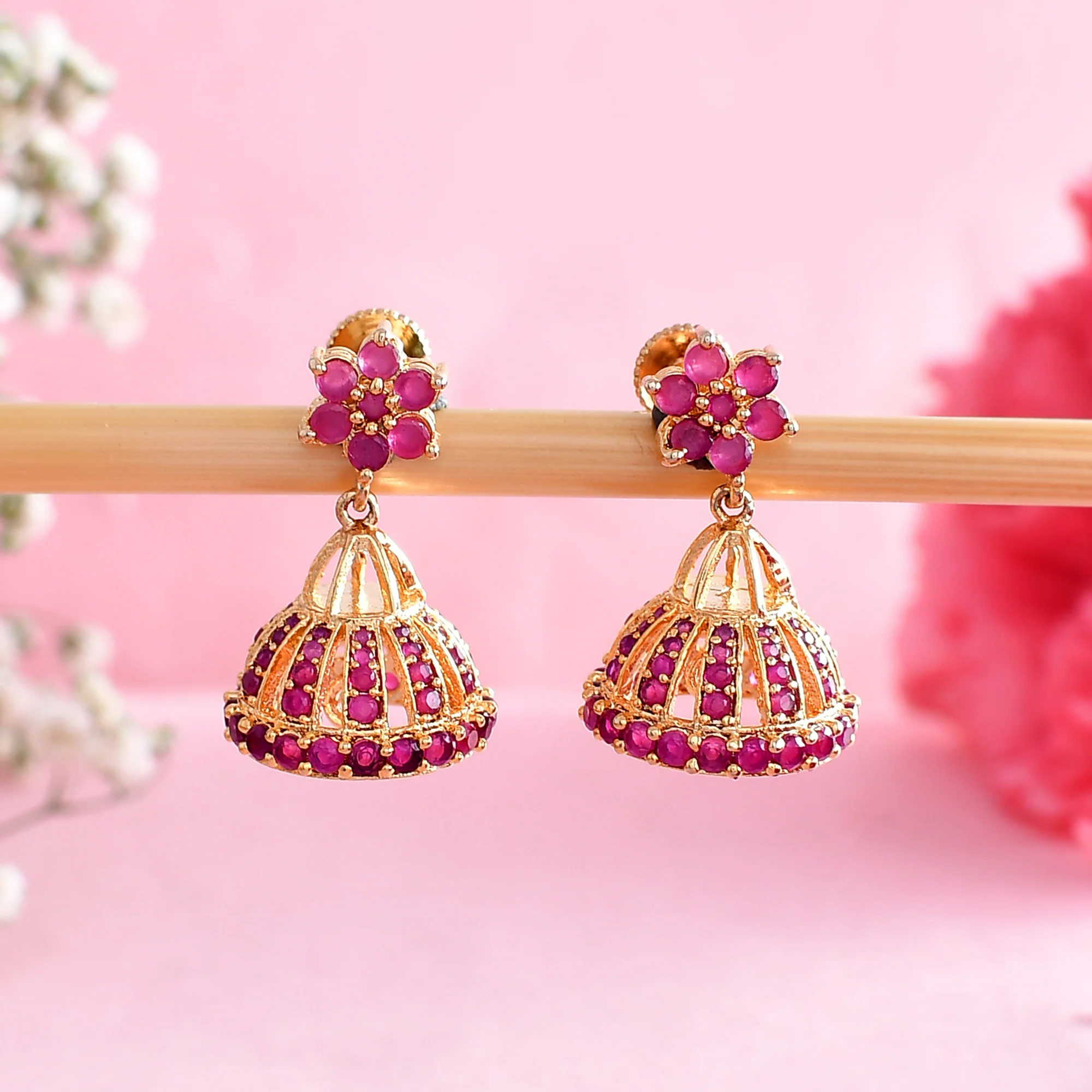 Cz Traditional Gold Plated Red Jhumka Earrings
