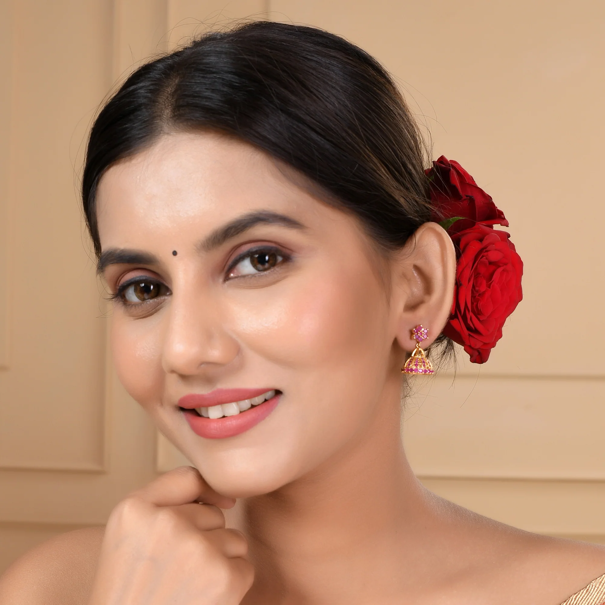 Cz Traditional Gold Plated Red Jhumka Earrings - Image 2