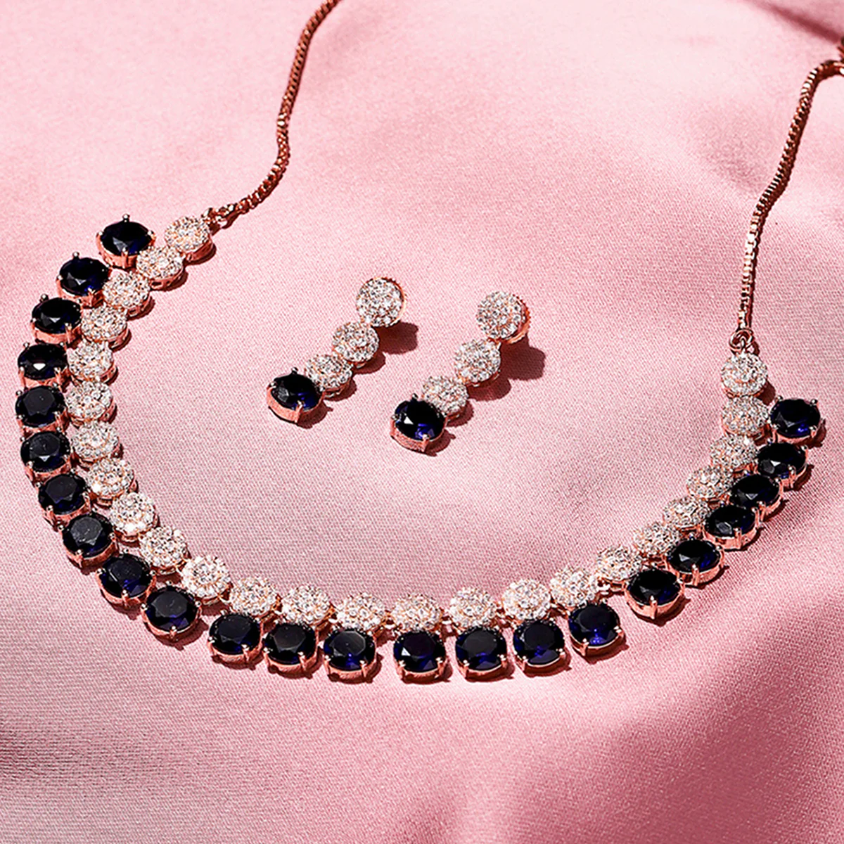 Dark Blue Stones Rose Gold Necklace Set - Image 2