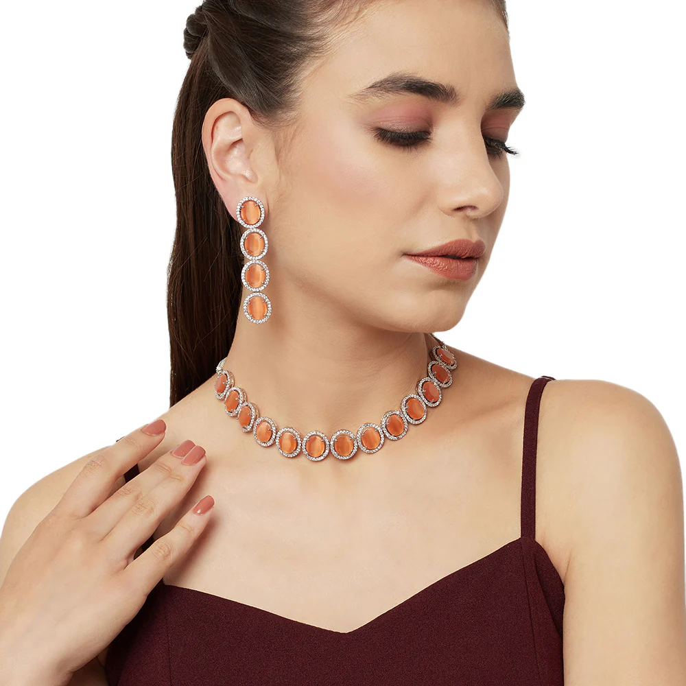 Dazzling Necklace Set With Luminous CZ Sparkles and Orange Stones - Image 2