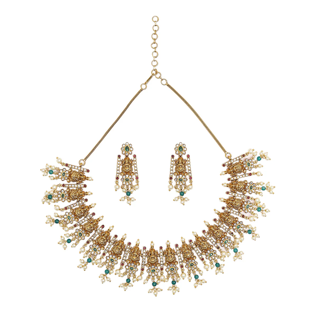 Delicate Flower Motifs Faux Pearls and Zircons Gold Plated Brass Jewellery Set - Image 3