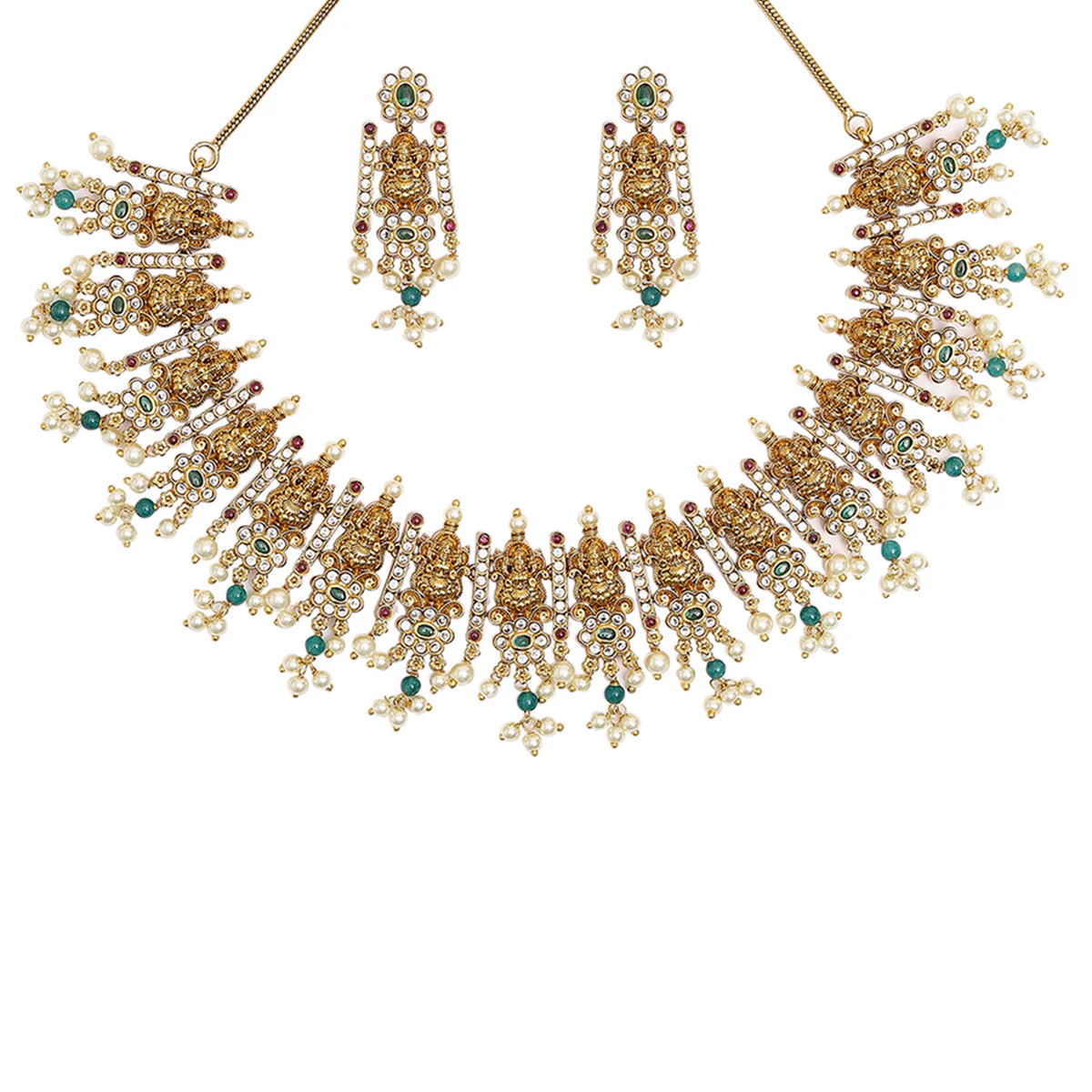 Delicate Flower Motifs Faux Pearls and Zircons Gold Plated Brass Jewellery Set - Image 4