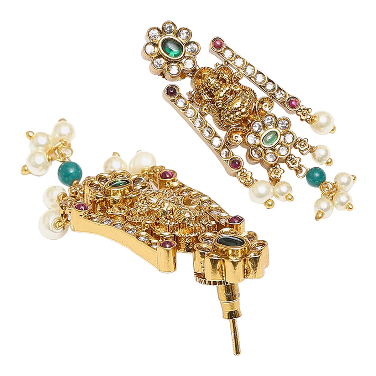 Delicate Flower Motifs Faux Pearls and Zircons Gold Plated Brass Jewellery Set - Image 5