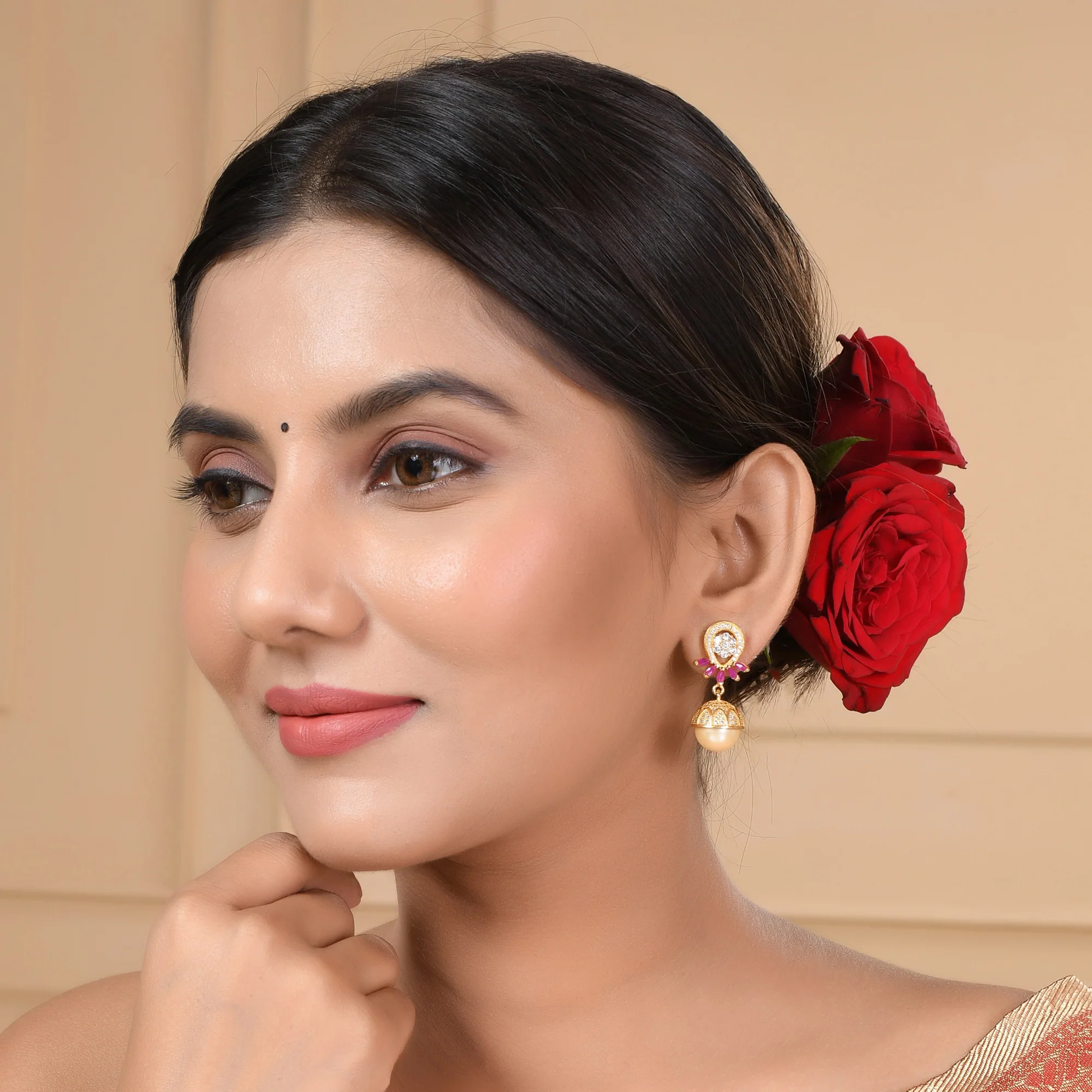 Delicate Jhumki Earrings With Pearl Droppings - Image 2