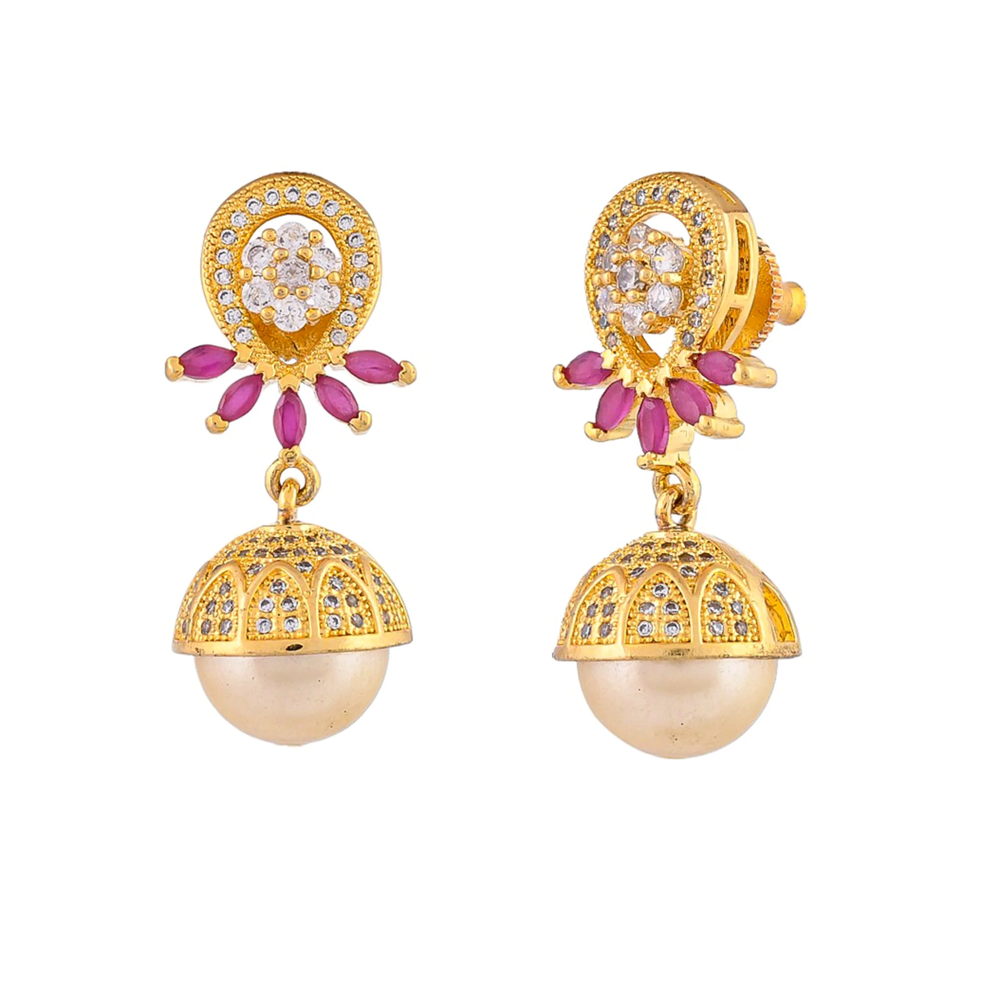 Delicate Jhumki Earrings With Pearl Droppings - Image 3