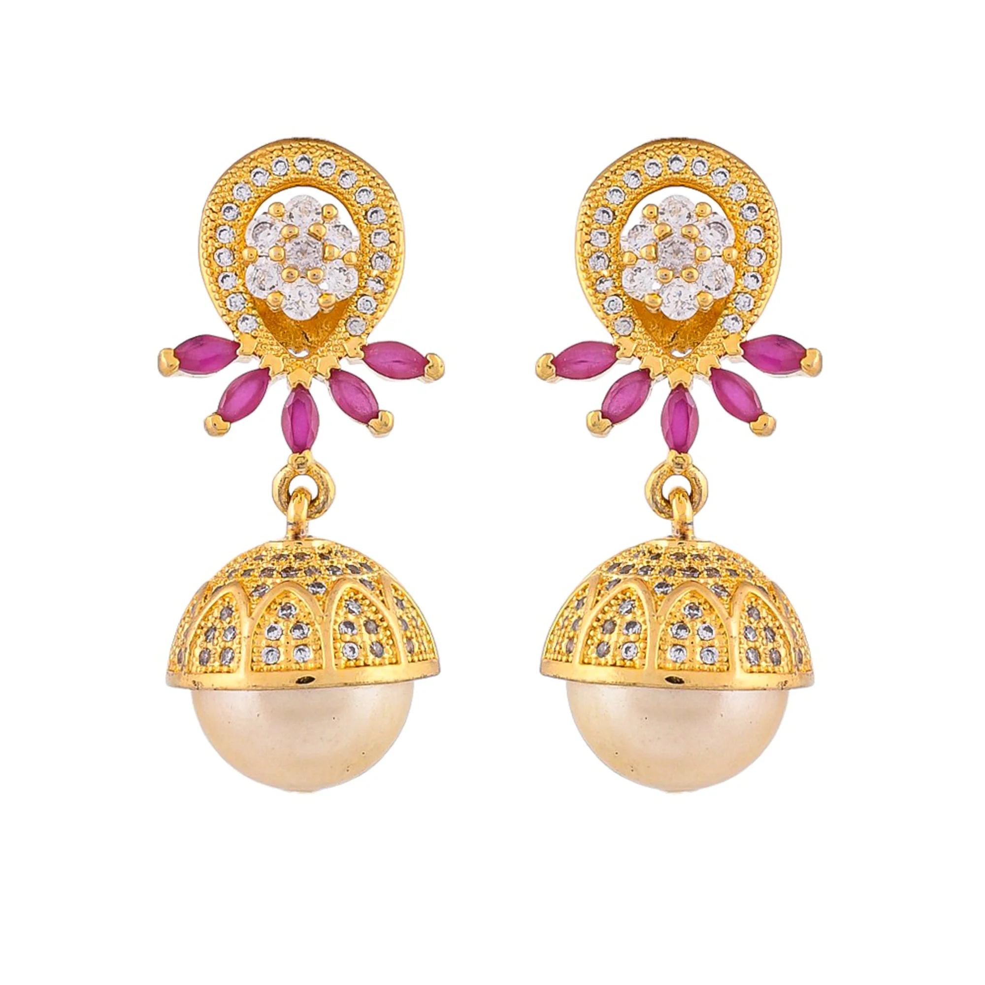 Delicate Jhumki Earrings With Pearl Droppings - Image 4