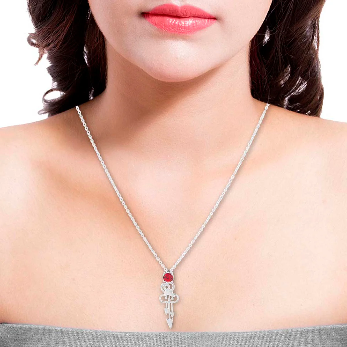 Delicate Silver Tone Pendant With Chain Made With Red Swarovski Zirconia - Image 4