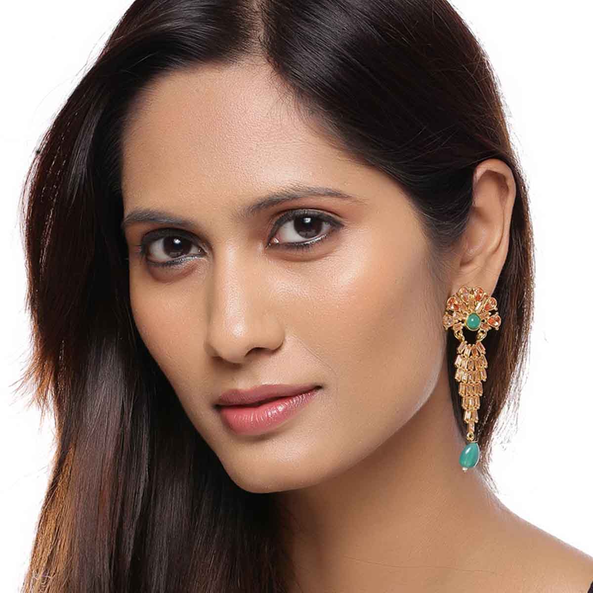 Designer Beige Colored Stones Studded Dangler Earrings For Women - Image 2